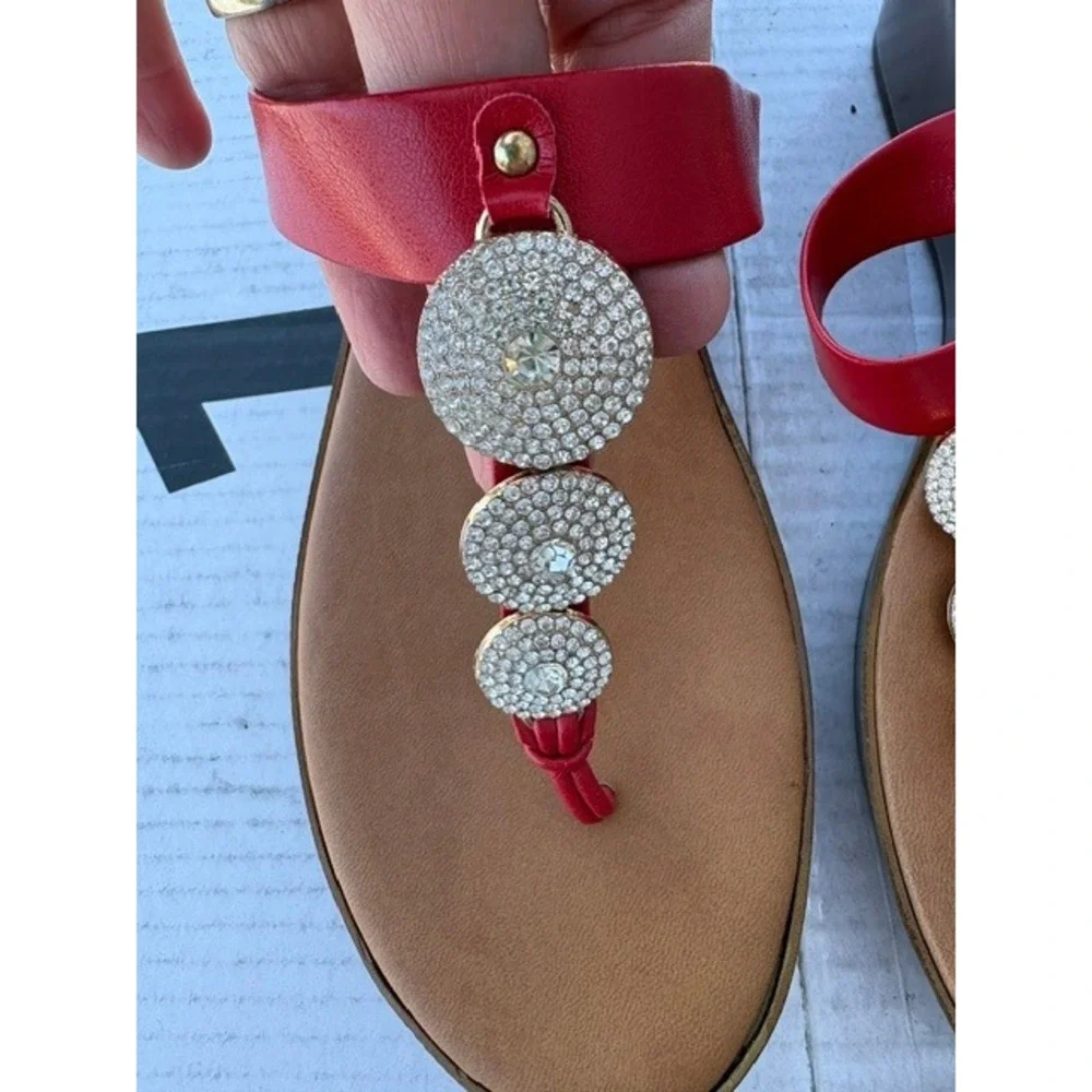 Toscanella Red Italian Leather Wedge Sandals Rhinestone Medallion Womens 9.5